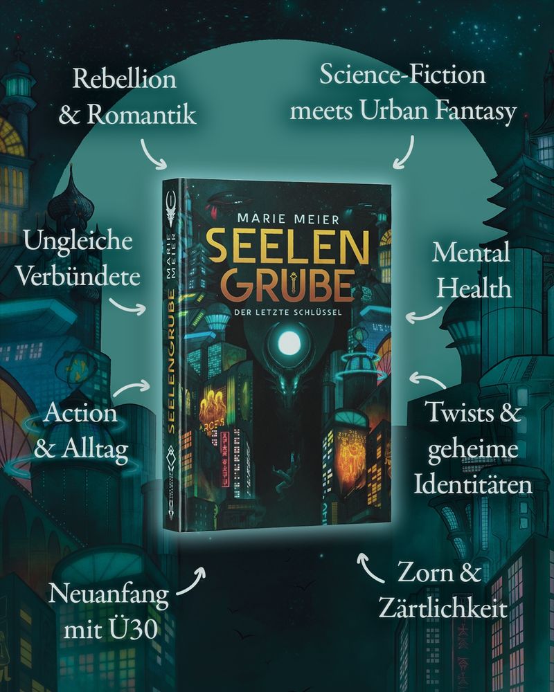 Im Hintergrund ist eine futuristische Stadt bei Nacht, im Schein eines großen Mondes. Im Zentrum schwebt ein Buch, auf dem "Seelengrube" (von Marie Meier) steht. Drumherum stehen die Themen des Buches: Rebellin & Romantik, Science-Fiction meets Urban Fantasy, Ungleiche Verbündete, Mental Health, Action & Alltag, Twists & geheime Identitäten, Neuanfang mit Ü30, Zorn & Zärtlichkeit