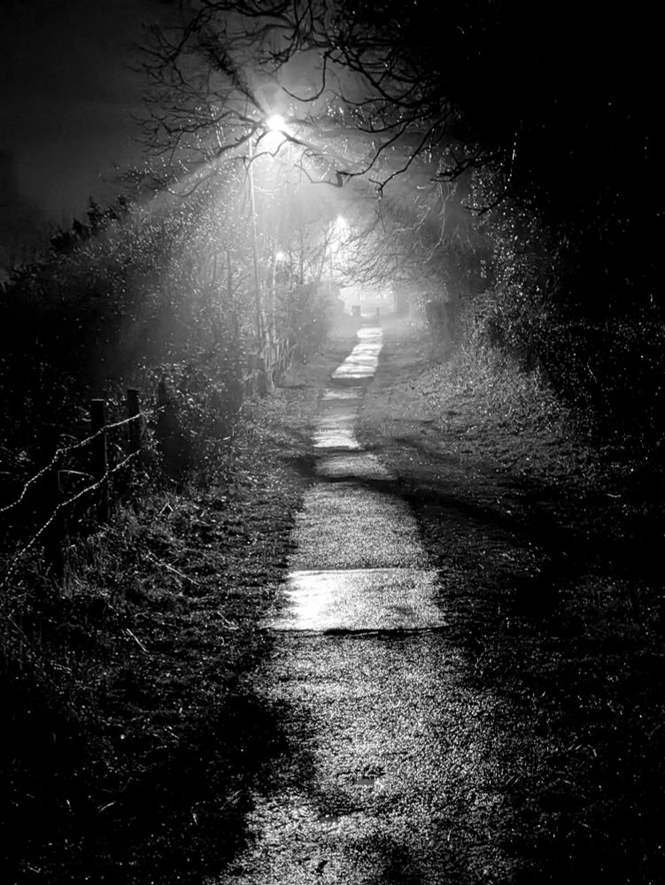 A tarmac path at night lit by a single streetlight. The mist added some to the atmosphere.