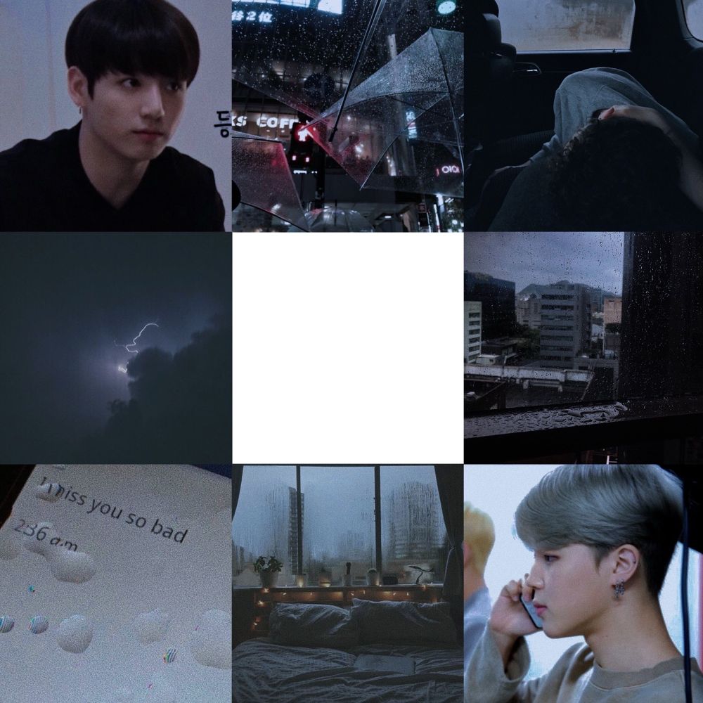 a 3x3 moodboard made by me, featuring jimin and jungkook. the moodboard shows elements and rain, distance and sadness. 
