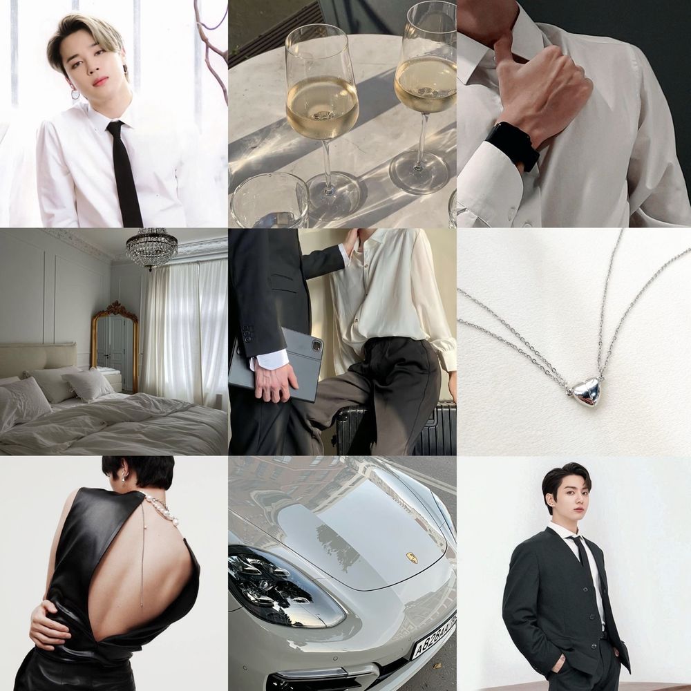 a 3x3 moodboard of Jimin in the top left corner and Jungkook in the bottom right corner, both wearing formal clothes. the moodboard has white as a dominant color with images of luxury cars, champagne, hotel room, with also a picture of their soulmate necklace and pics of the pair.
