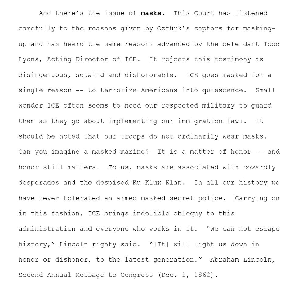 This image quotes Judge Young's opinion on masks. It states that "ICE goes masked for a single reason -- to terrorize Americans into quiescence."