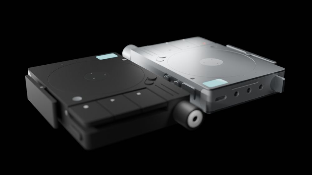 a blender render of two teenage engineering uhhh tx-6s I think? the f-stop is too low and so all my meticulous knurling work is blurred into invisibility