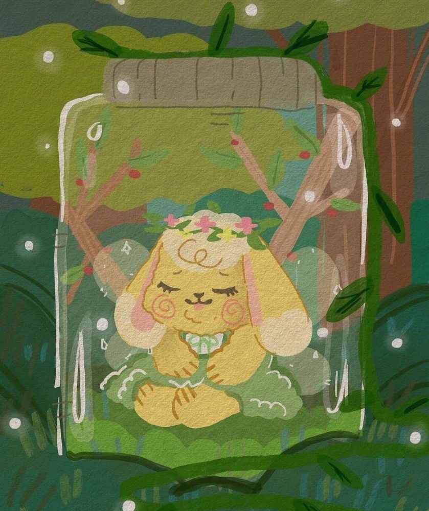 A stylized illustration of a beige/white lop-bunny wearing a pink and yellow flower crown. She bears fairy wings and is seen sleeping in a glass mason jar. The background is dark green woods, with fireflies all around her.