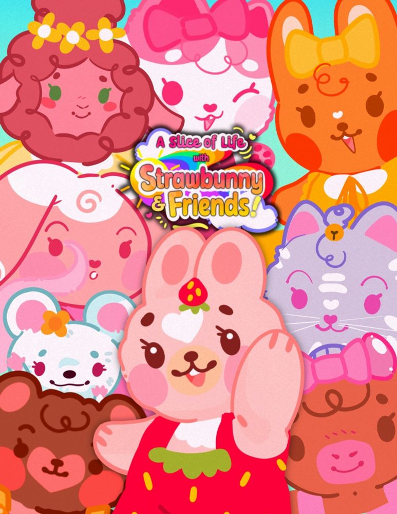 A graphic featuring various bipedal stylized illustrated animal characters of a variety of species with a logo in the middle. Text of the logo reads, "A Slice of Life with Strawbunny & Friends!"