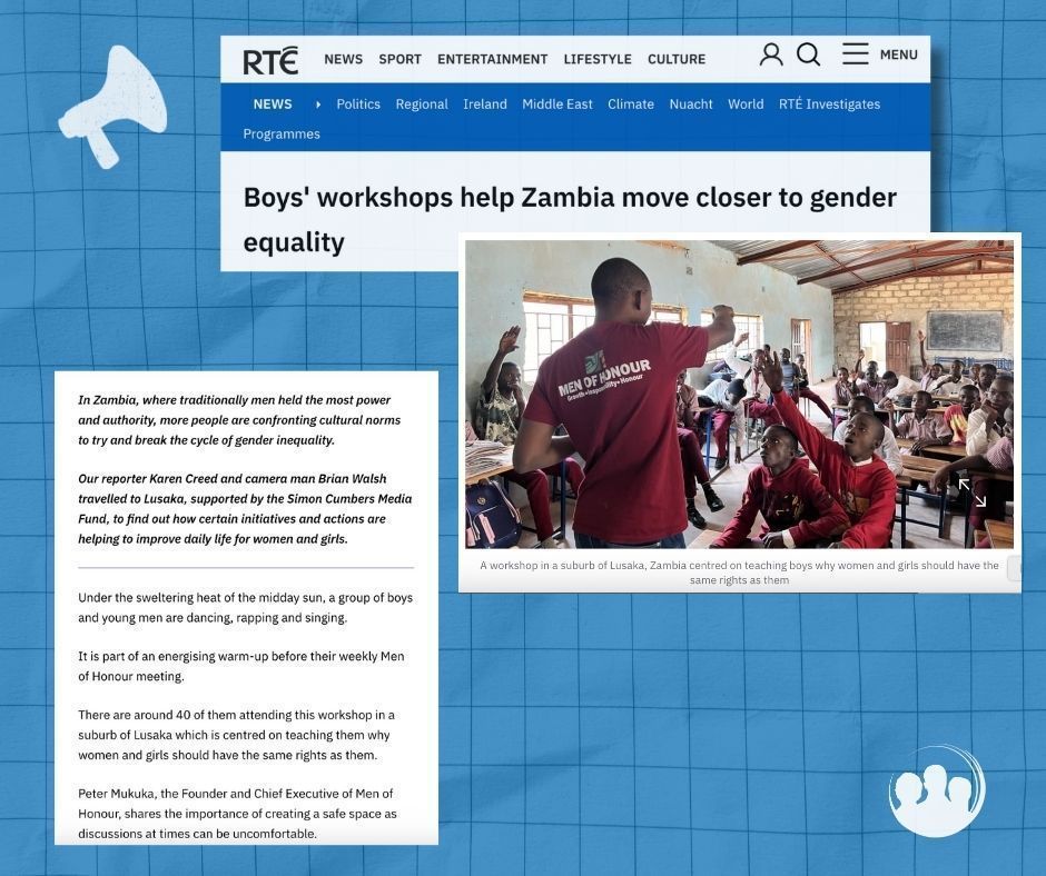 Boys' workshops help Zambia move closer to gender equality
In Zambia, where traditionally men held the most power and authority, more people are confronting cultural norms to try and break the cycle of gender inequality.

Our reporter Karen Creed and camera man Brian Walsh travelled to Lusaka, supported by the Simon Cumbers Media Fund, to find out how certain initiatives and actions are helping to improve daily life for women and girls.

Under the sweltering heat of the midday sun, a group of boys and young men are dancing, rapping and singing.

It is part of an energising warm-up before their weekly Men of Honour meeting.

There are around 40 of them attending this workshop in a suburb of Lusaka which is centred on teaching them why women and girls should have the same rights as them.

Peter Mukuka, the Founder and Chief Executive of Men of Honour, shares the importance of creating a safe space as discussions at times can be uncomfortable.


