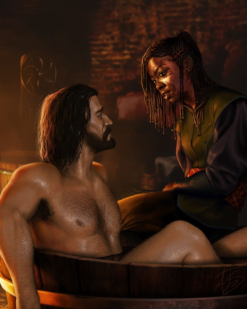 A naked Caucasian man in a bath looks up at an African woman in medieval style clothing.