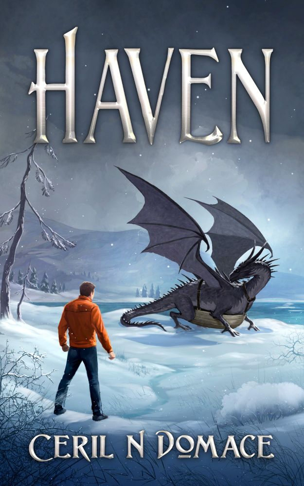 Haven by Ceril N Domace

A man in an orange sweater stares ar a dragon wearing a boat strapped to its chest on a frozen lakeshore.
