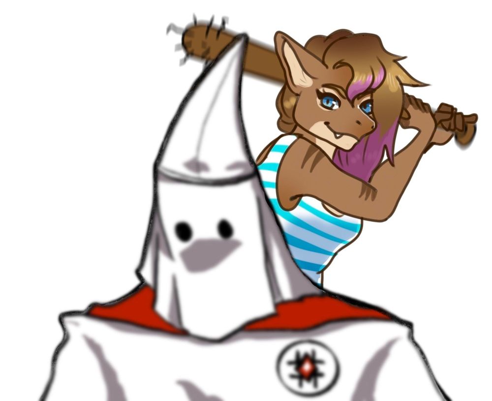 teabree tee'd up to whack a klan member with a spiked club like a softball 