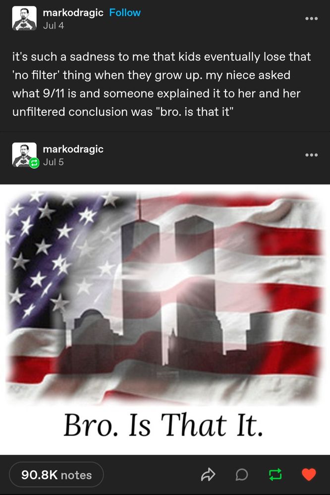 it's such a sadness to me that kids eventually lose that 'no filter' thing when they grow up. my niece asked what 9/11 is and someone explained it to her and her unfiltered conclusion was "bro. is that it" 
