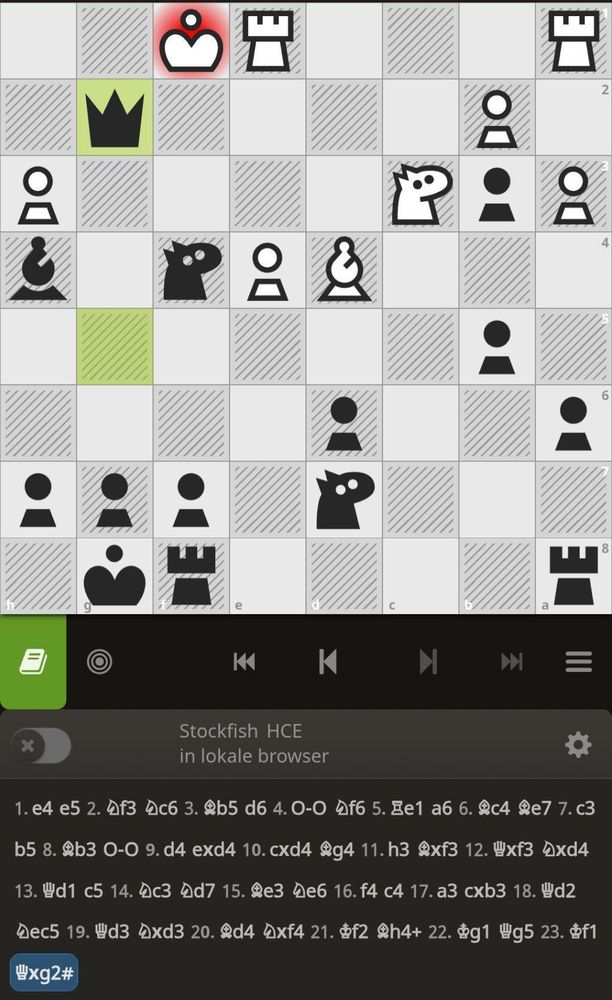 Final position of my game against Lumo. Here are the moves:
1. e4 e5 2. Nf3 Nc6 3. Bb5 d6 4. O-O Nf6 5. Re1 a6 6. Bc4 Be7 7. c3 b5 8. Bb3 O-O 9. d4 exd4 10. cxd4 Bg4 11. h3 Bxf3 12. Qxf3 Nxd4 13. Qd1 c5 14. Nc3 Nd7 15. Be3 Ne6 16. f4 c4 17. a3 cxb3 18. Qd2 Nec5 19. Qd3 Nxd3 20. Bd4 Nxf4 21. Kf2 Bh4+ 22. Kg1 Qg5 23. Kf1 Qxg2#