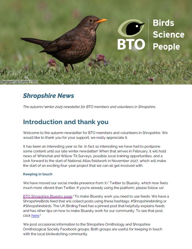 Screenshot of the first page of the BTO autumn newsletter, with a header image of a female Blackbird with the BTO logo and "Birds Science People" strapline.