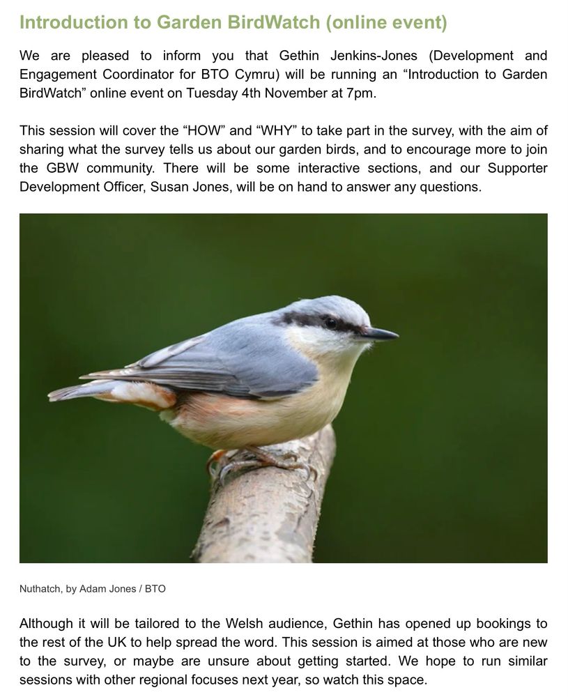 A screenshot of a post promoting an online event for the Garden BirdWatch survey, illustrated with a picture of a Nuthatch.