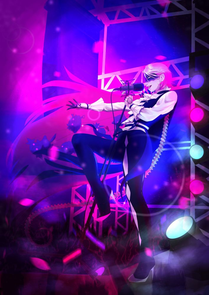Gavis Bettel standing on a stage, with pink, blue and purple lights around him