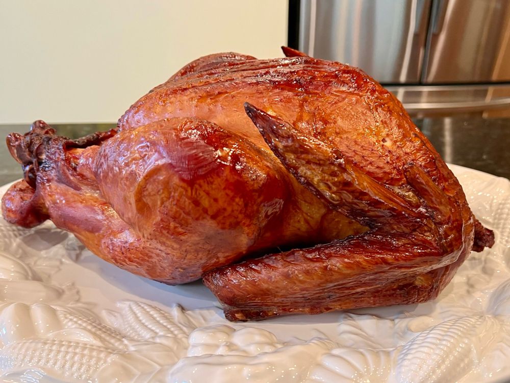 Whole turkey, with crisp, golden brown skin.