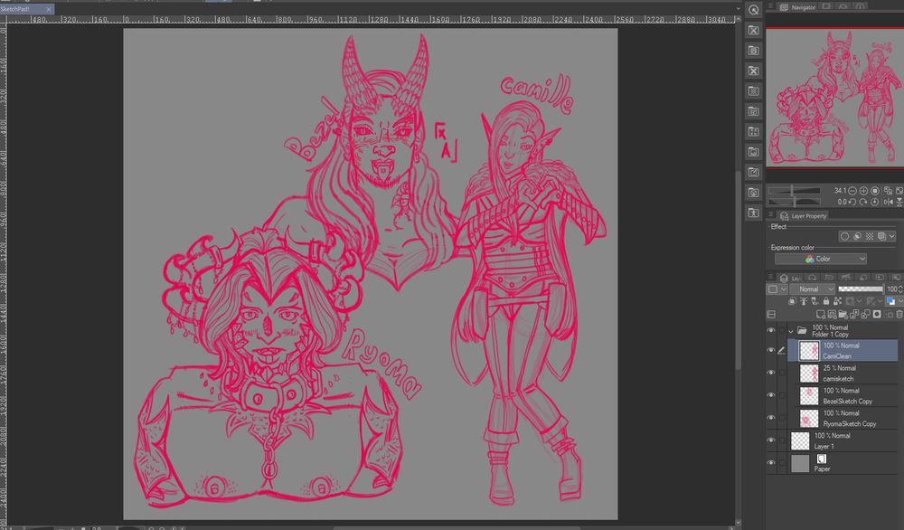 2 busts, 1 Horned himbo with a collar and lead  right, 1 horned himbo center with a tongue piercing, and 1 full body himbo left. 