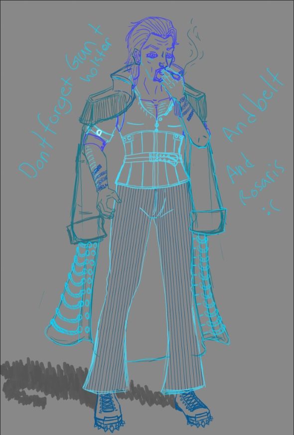 Flaming gay space pirate (rogue trader) Wearing a commanders jacket in a goofy fashion, with a corset, harness and spiked boots.