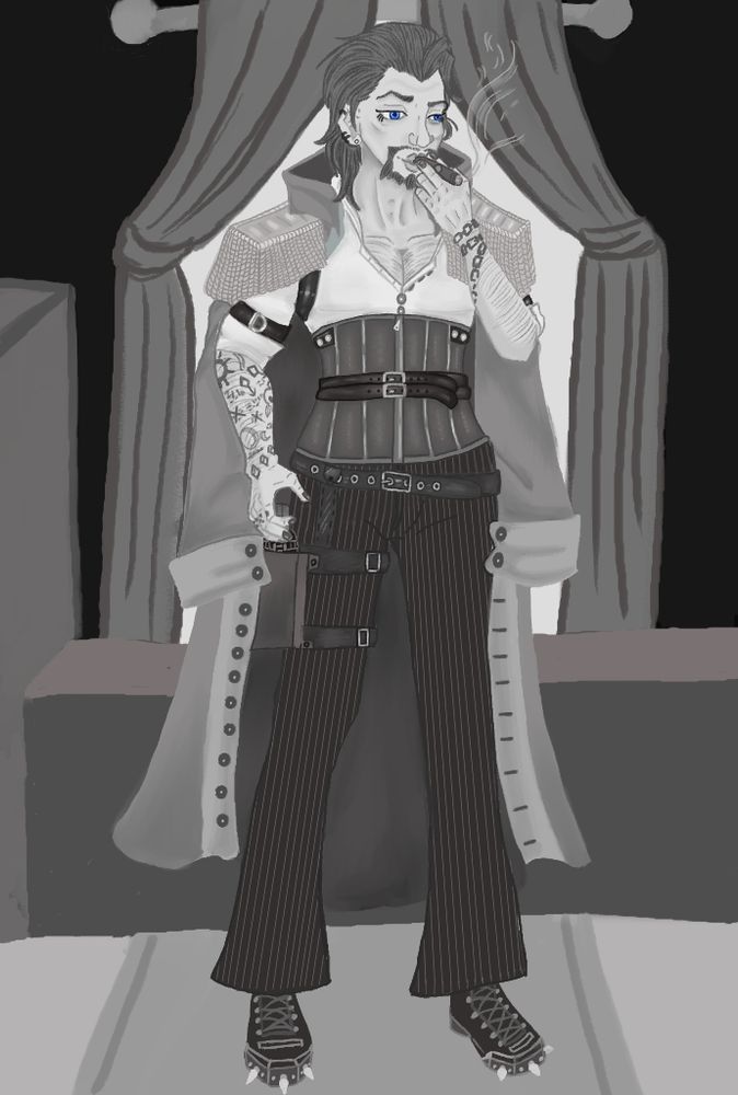 Black and white male character design for a rogue trader to be used with the 40k crpg videogame. 

Attire: spiked boots pinstripe trousers, corset, button up and harness under a captains jacket. 