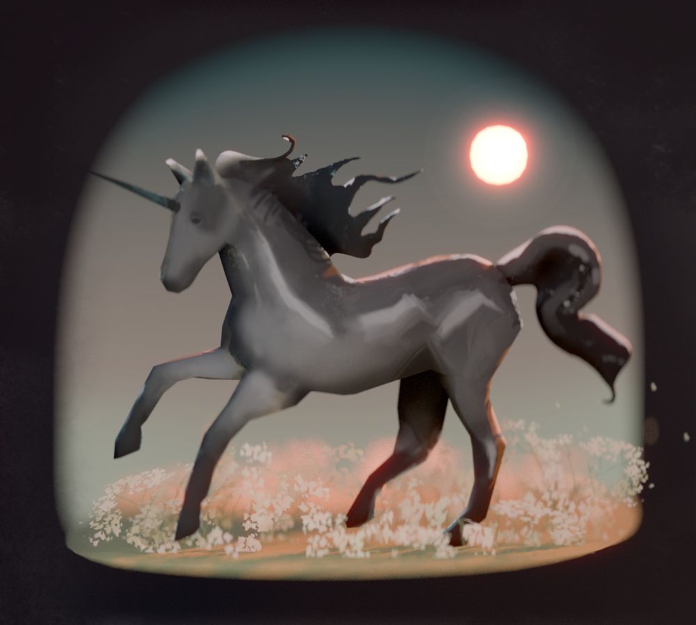 a 3D illustration of a unicorn running through a field of flowers