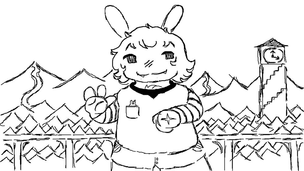 a rabbit girl taking a photo overlooking a valley of trees, a clock tower stands in the back.