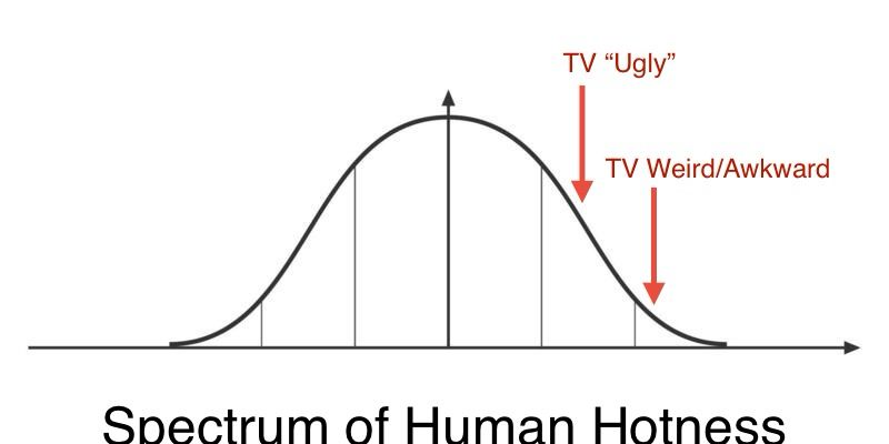 A bell curve labeled “Spectrum of human hotness” with “TV ‘ugly’” in the top 40% and “TV weird/awkward” in the top 20%