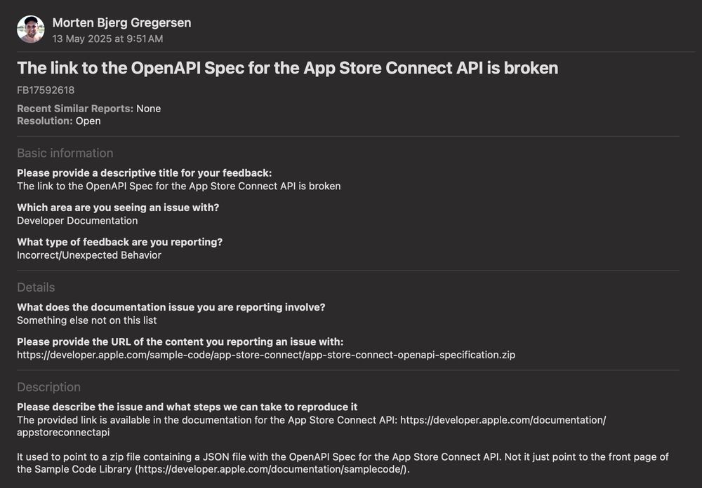 Screenshot of the feedback reported to Apple
