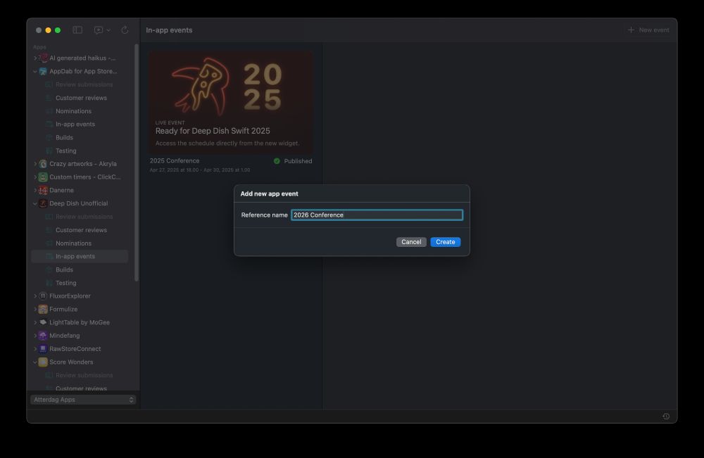 Screenshot of AppDab displaying an In-App Event for Deep Dish Swift 2025, with a draft event for the anticipated 2026 conference being created.