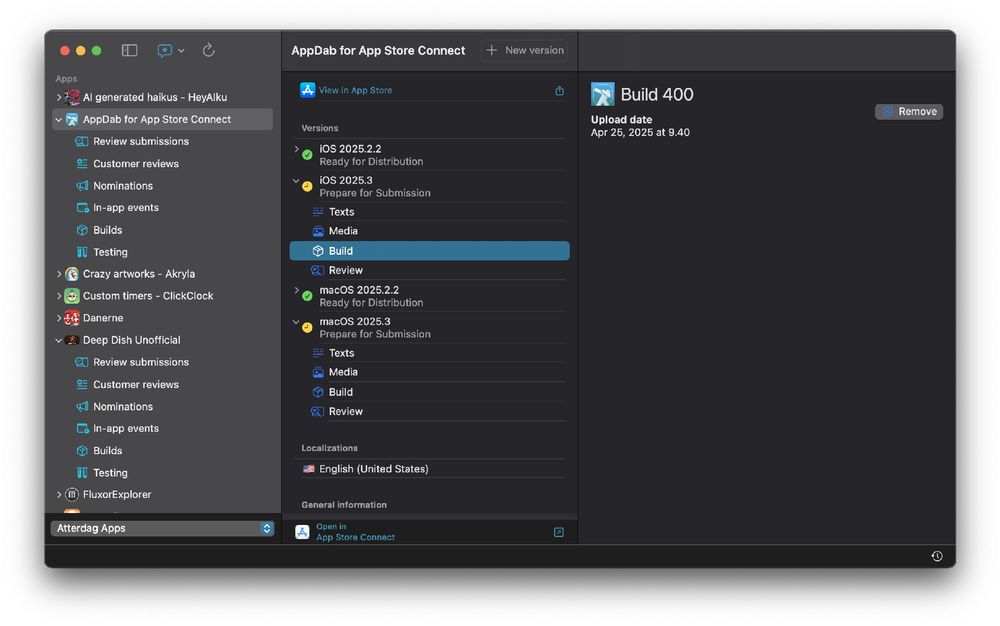 Screenshot of AppDab getting ready to submit build 400 for App Review