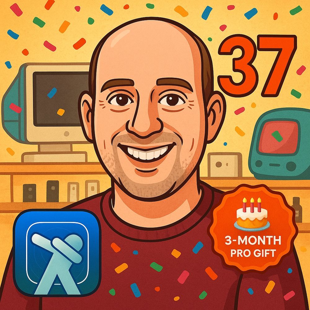 A cartoony image of me in my office in front of my old Macs and iPhones, with the AppDab icon in front, a big "37" and a badge with a layered cake and the text "3-month Pro gift"