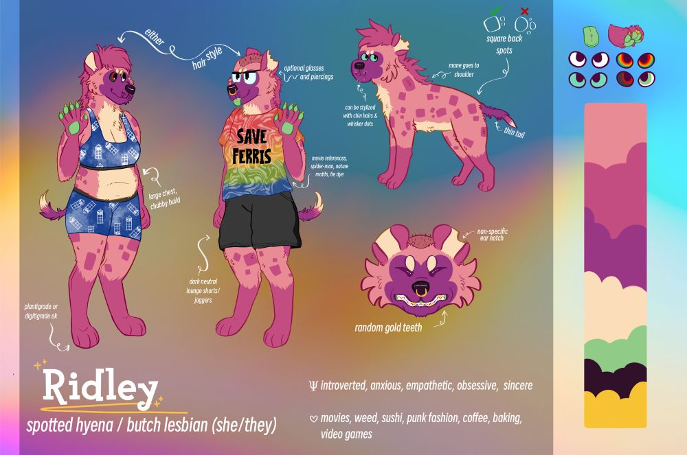 a character sheet for a pink colored spotted hyena named Ridley. There are drawings depicting two anthropomorphic poses, one quadruped chibi, and a frontal face view