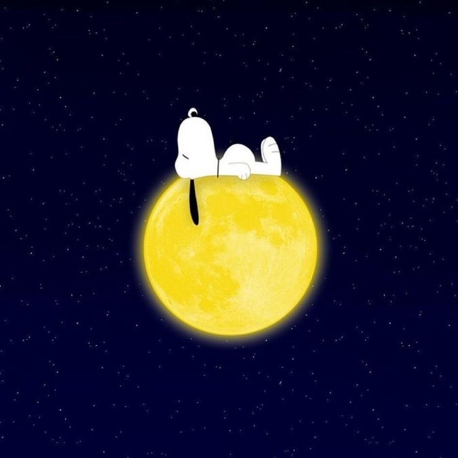 Dans un ciel étoilé, Snoopy est couché sur la pleine lune et dort paisiblement. 
