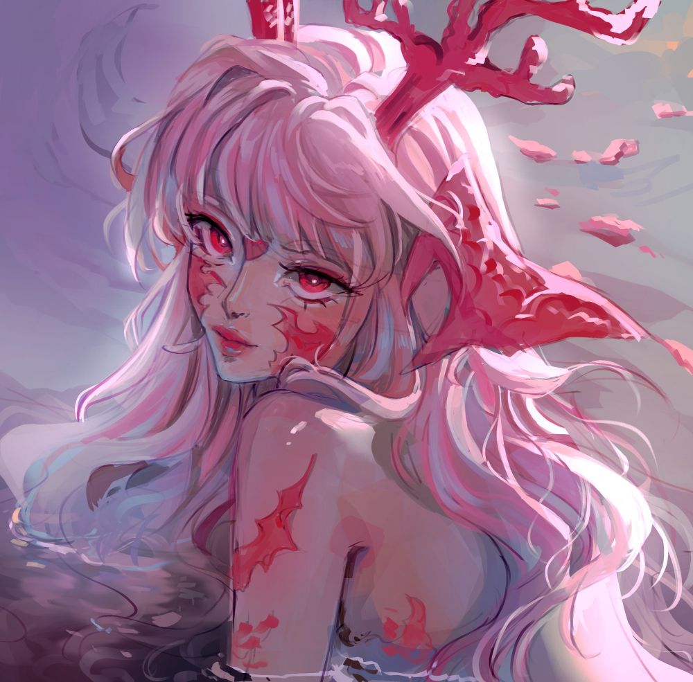 a pink au ra (ffxiv) with coral pink scales and horns elegantly looking over her shoulder while in water.