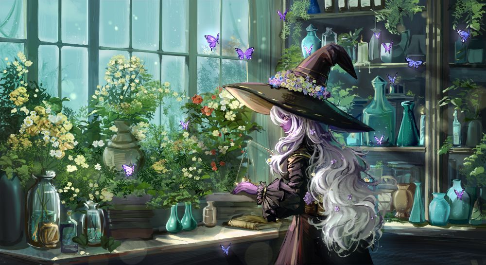 A detailed picture of a purple elven woman with amber eyes and long, white hair in a magical greenhouse. She is the center focus of the picture, wearing a black witch's hat adorned with flowers and dark, flowing robes with pufy sleeves. She is surrounded by purple butterflies resembling swallowtails that lightly sparkle. Around her are various flowers, bottles, and alchemical concoctions spread about on a table and shelves. In front of her, to the left of the frame, is a window that peers out into a foggy forest beyond.