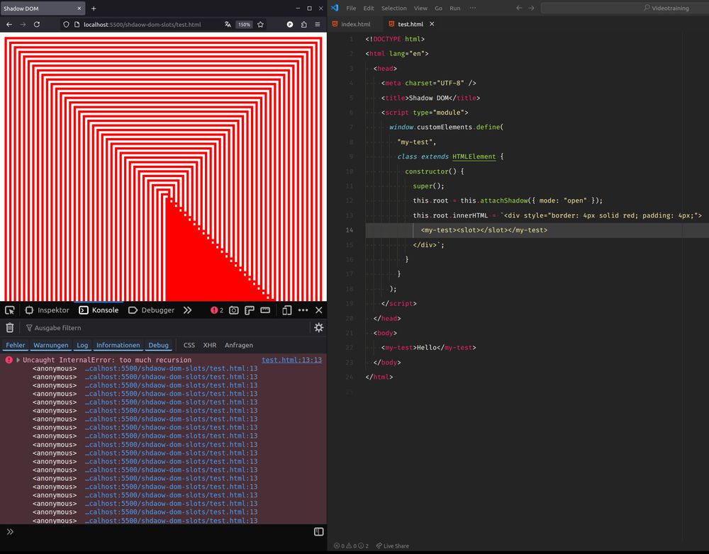 A shadow root being set to <div style="border: 4px solid red; padding: 4px;"><my-test><slot></slot></my-test></div> causes infinite recursion