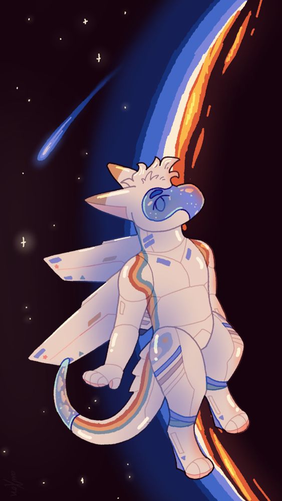 Digital illustration of Ozone, an anthro airplane dragon, floating in space above a view of the Earth’s horizon at sunset 

#furryart #airplanedragon #aeromorph