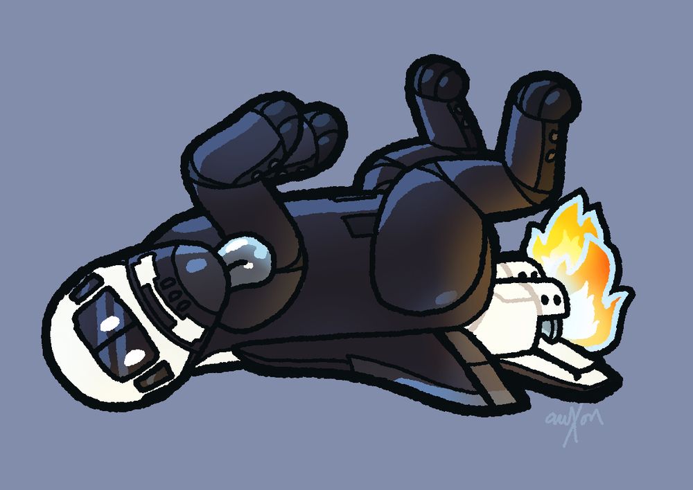 chibi-style digital drawing of endeavour, a space shuttle planedog, rolling around cutely on her back

#furryart #aeromorph #spaceshuttle