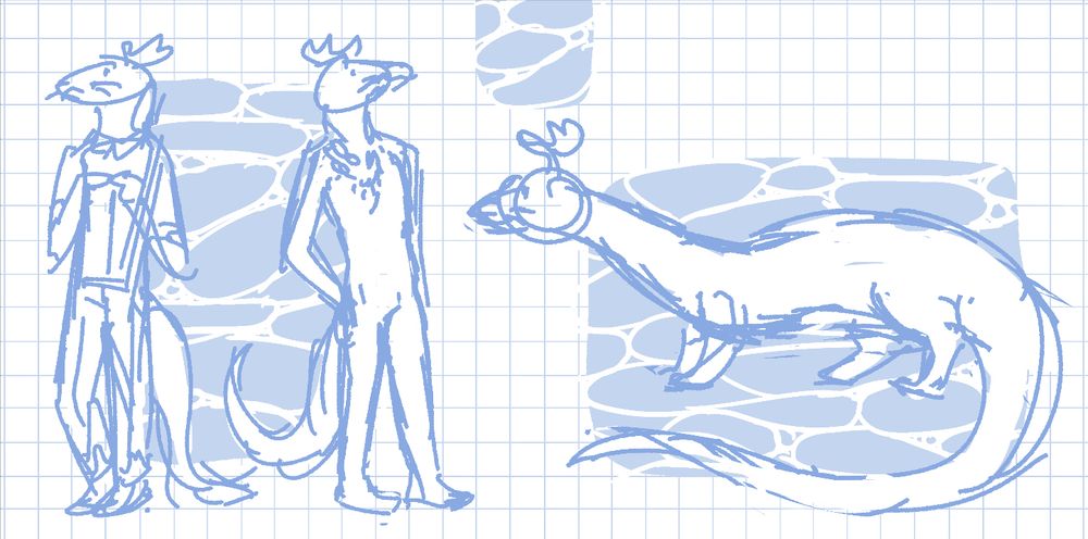 refsheet layout with loose uncolored sketches of a feral form and two anthro versions of an otter dragon character