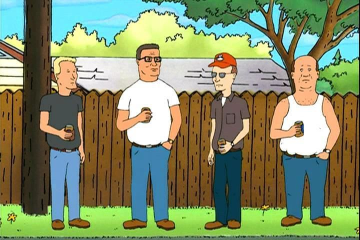 Hank Hill and three friends standing in alleyway 