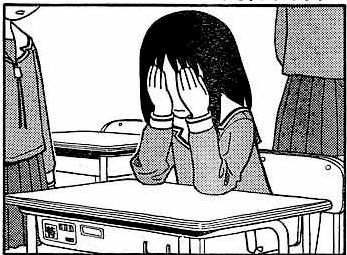 Osaka from Azumanga Daioh with her face in her hands.