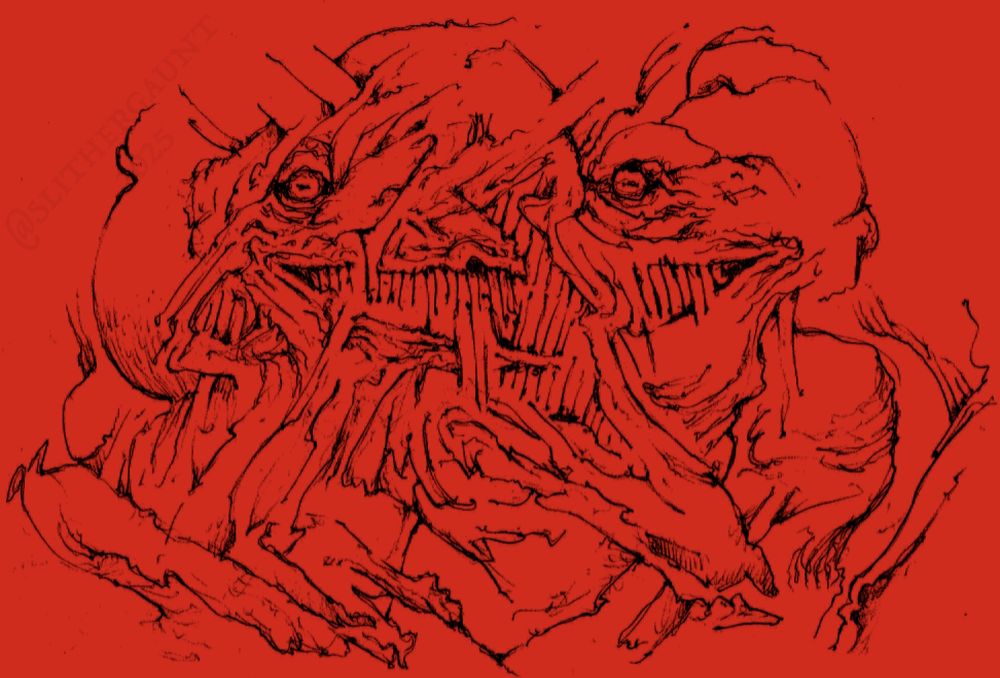 Distorted deformed face that appears to be grinning, inspired by the Tom Waits song "A Good Man Is Hard To Find"