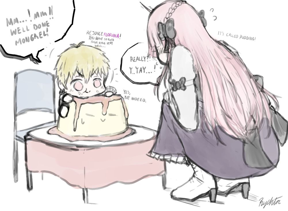 Rinchantii's OC; Florina, makes a large pudding dessert for Gilgamesh. Gilgamesh joyfully sings praise after taking a bite.