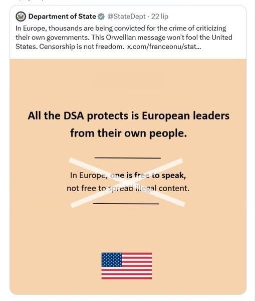 Skrin z X Department of State (@StateDept - 22 lip)
Treść postu: In Europe, thousands are being convicted for the crime of criticizing
their own governments. This Orwellian message won't fool the United
States. Censorship is not freedom. x.com/franceonu/stat...
Na grafice: 
tekst na żółtym tle: All the DSA protects is European leaders from their own people.
Przekreślone: In Europe, one is free to speak, not free to spread illegal content.
Flaga USA