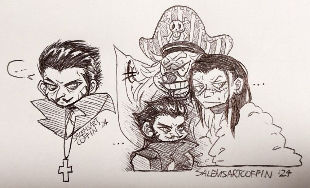 Traditional art doodles of various One Piece characters: Dracule Mihawk (drawn two times), Buggy and Crocodile.
