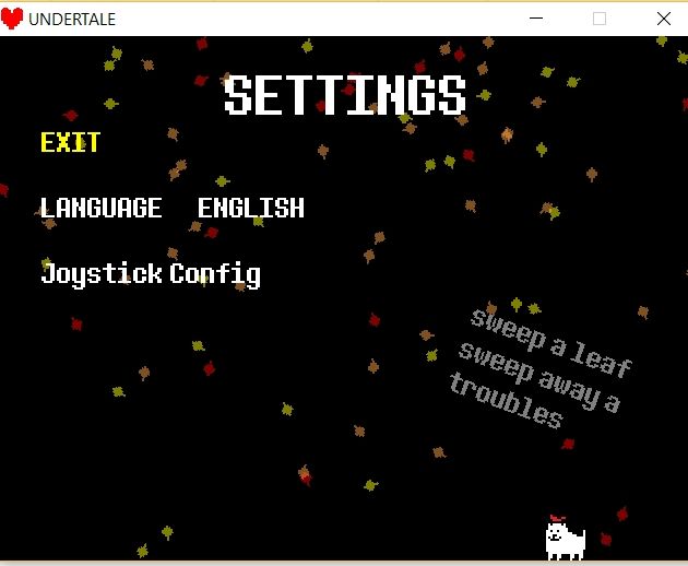 A screenshot of the Undertale Settings menu, with options for language, and joystick configuration. Colorful autumn leaves are falling against the black background. In the lower right corner is the white Annoying Dog that represents Toby Fox. Above him is text that says: Sweep a leaf, sweep away a troubles.