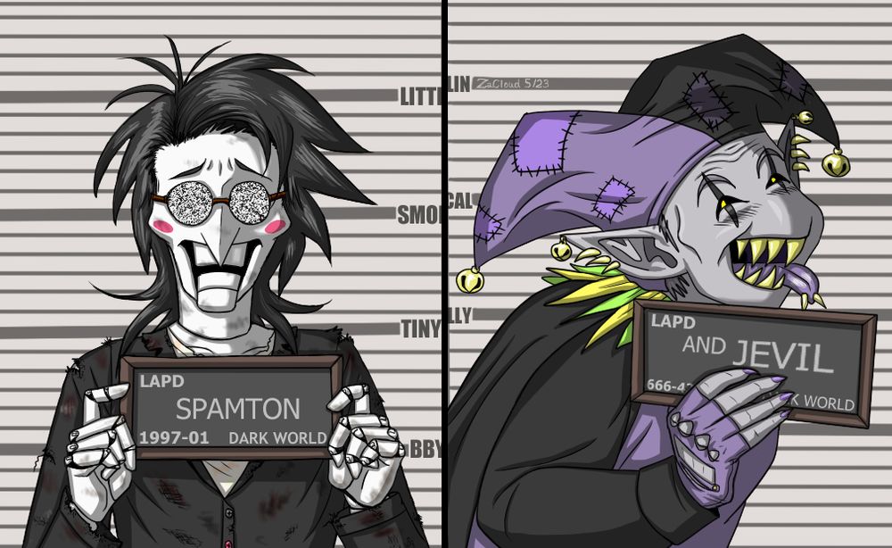 The Barbie mugshot meme featuring a disheveled Spamton with static in his glasses, looking upset while holding his plaque. And Jevil leaning to the side holding his, grinning mischievously, sticking out his tongue. He has ear and tongue piercings like the sharp teeth and bells on his Devil's Knife item.