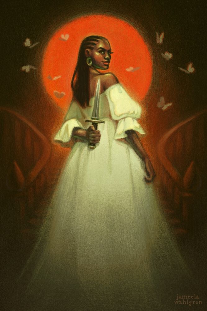 A Black woman in a white gown holding a knife behind her back
