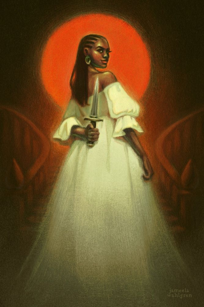 Illustration of a Black women in a white gown holding a dagger