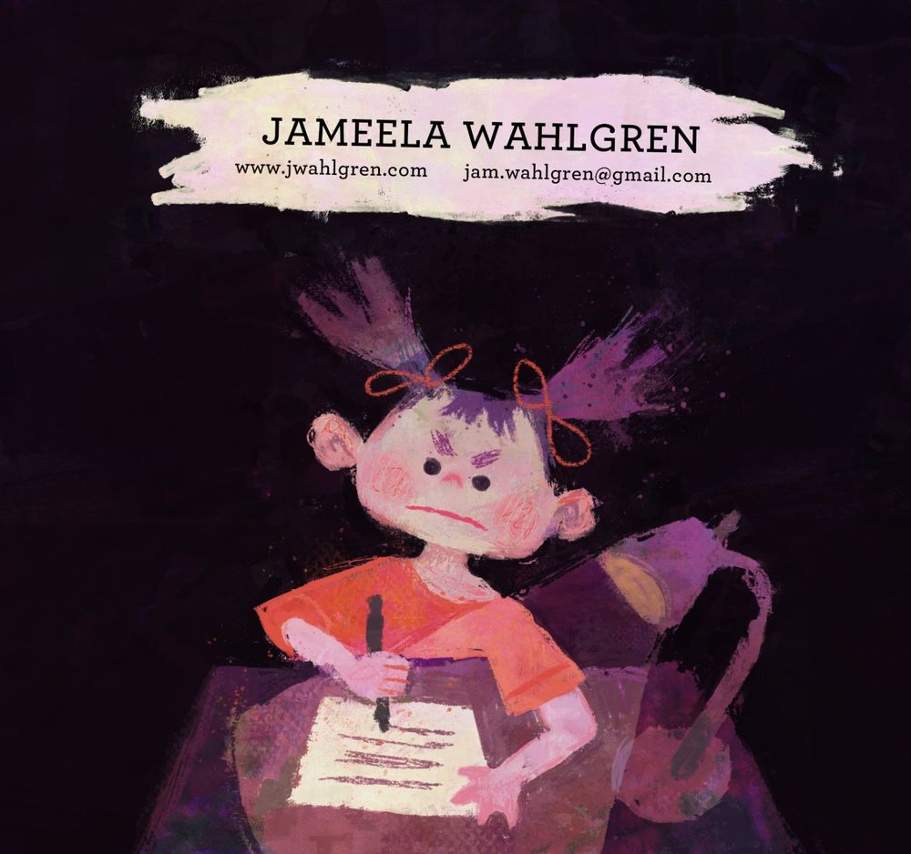 A children's picture book illustration of a little girl angrily writing a letter in a loose, painterly textured style
