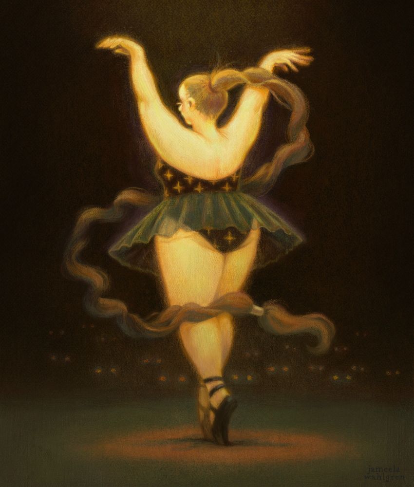 A curvy ballerina with very long hair dancing in front of glowing eyes