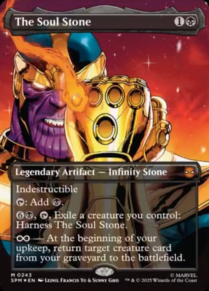 Thanos holding up the infinity gauntlet with the soul stone socketed in