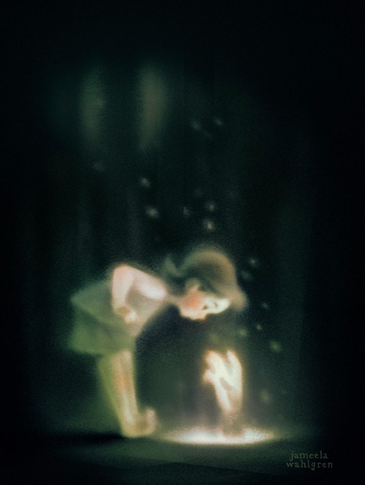 Illustration of a child in a dark forest leaning in to look at a glowing hand